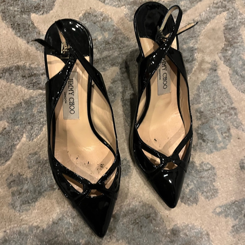 Jimmy Choo black patent leather sling back